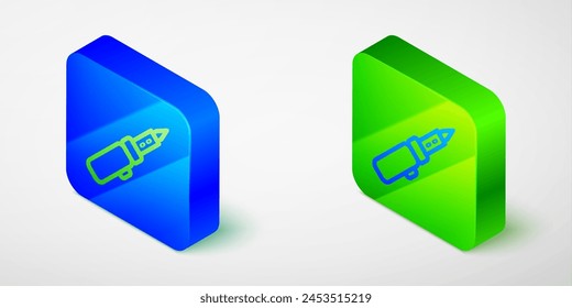 Isometric line Soldering iron icon isolated grey background. Blue and green square button. Vector