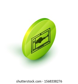 Isometric line Sound or audio recorder or editor software on laptop icon isolated on white background. Green circle button. Vector Illustration