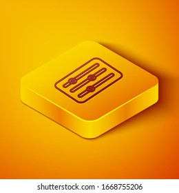 Isometric line Sound mixer controller icon isolated on orange background. Dj equipment slider buttons. Mixing console. Yellow square button. Vector Illustration
