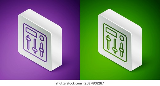 Isometric line Sound mixer controller icon isolated on purple and green background. Dj equipment slider buttons. Mixing console. Silver square button. Vector