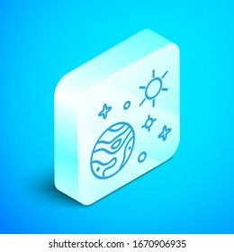 Isometric line Space and planet icon isolated on blue background. Planets surface with craters, stars and comets. Silver square button. Vector Illustration