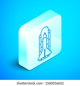 Isometric line Space shuttle and rockets icon isolated on blue background. Silver square button. Vector Illustration