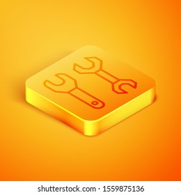 Isometric line Spanner icon isolated on orange background. Orange square button. Vector Illustration