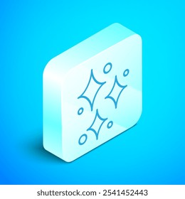 Isometric line Sparkle stars with magical glitter particles icon isolated on blue background. Magic christmas decoration. Silver square button. Vector Illustration
