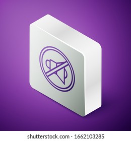 Isometric line Speaker mute icon isolated on purple background. No sound icon. Volume Off symbol. Silver square button. Vector Illustration