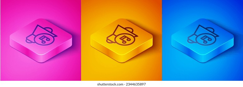Isometric line Speaker volume, audio voice sound symbol, media music icon isolated on pink and orange, blue background. Square button. Vector