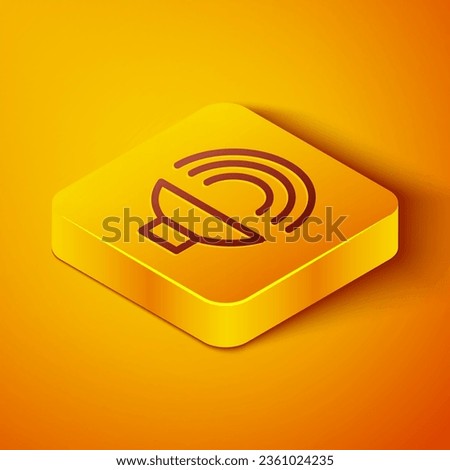 Isometric line Speaker volume, audio voice sound symbol, media music icon isolated on orange background. Yellow square button. Vector Illustration