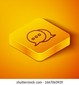 Isometric line Speech bubble chat icon isolated on orange background. Message icon. Communication or comment chat symbol. Yellow square button. Vector Illustration