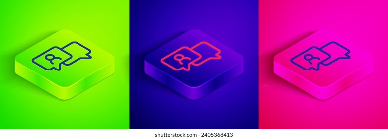 Isometric line Speech bubble chat icon isolated on green, blue and pink background. Message icon. Communication or comment chat symbol. Square button. Vector