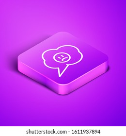 Isometric line Speech bubble with sad smile icon isolated on purple background. Emoticon face. Purple square button. Vector Illustration