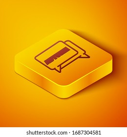 Isometric line Speech bubble with text autumn icon isolated on orange background. Yellow square button. Vector Illustration