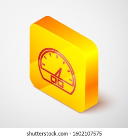 Isometric line Speedometer icon isolated on grey background. Yellow square button. Vector Illustration