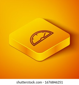 Isometrische Linie Speedometer Symbol einzeln auf orangefarbenem Hintergrund. Gelber Quadrat-Knopf. Vektorillustration-Illustration