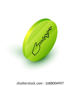 Isometric line Spell icon isolated on white background. The sorcerer hand performing spells. Green circle button. Vector Illustration