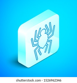 Isometric line Spider icon isolated on blue background. Happy Halloween party. Silver square button. Vector Illustration