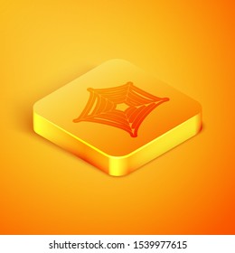 Isometric line Spider web icon isolated on orange background. Cobweb sign. Happy Halloween party. Orange square button. Vector Illustration