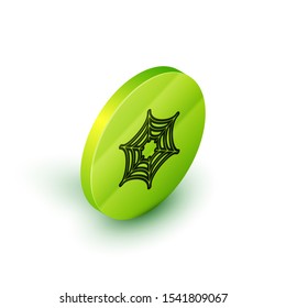 Isometric line Spider web icon isolated on white background. Cobweb sign. Happy Halloween party. Green circle button. Vector Illustration