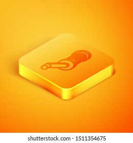 Isometric line Spinning reel for fishing icon isolated on orange background. Fishing coil. Fishing tackle. Orange square button. Vector Illustration