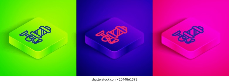 Isometric line Spinning reel for fishing icon isolated on green, blue and pink background. Fishing coil. Fishing tackle. Square button. Vector