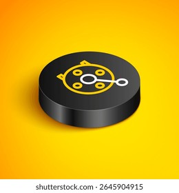 Isometric line Spinning reel for fishing icon isolated on yellow background. Fishing coil. Fishing tackle. Black circle button. Vector