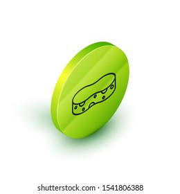 Isometric line Sponge icon isolated on white background. Wisp of bast for washing dishes. Cleaning service concept. Green circle button. Vector Illustration