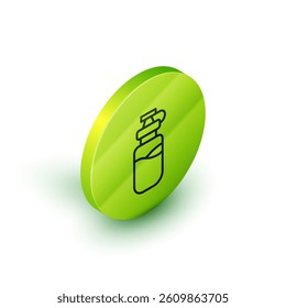 Isometric line Sport bottle with water icon isolated on white background. Green circle button. Vector