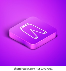 Isometric line Sport pants icon isolated on purple background. Purple square button. Vector Illustration