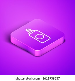 Isometric line Spray can for air freshener, hairspray, deodorant, antiperspirant icon isolated on purple background. Purple square button. Vector Illustration