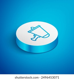 Isometric line Spread the word, megaphone icon isolated on blue background. White circle button. Vector Illustration