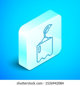 Isometric line Sprout in bottle icon isolated on blue background. Seed and seedling. Leaves sign. Leaf nature. Silver square button. Vector Illustration