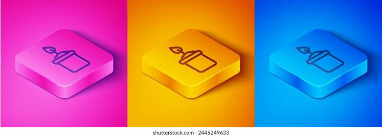 Isometric line Sprout in bottle icon isolated on pink and orange, blue background. Seed and seedling. Leaves sign. Leaf nature. Square button. Vector