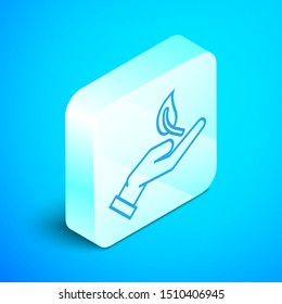 Isometric line Sprout in hand of environmental protection icon isolated on blue background. Seed and seedling. Planting sapling. Ecology concept. Silver square button. Vector Illustration