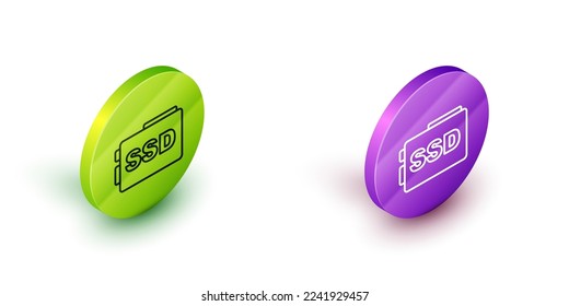 Isometric line SSD card icon isolated on white background. Solid state drive sign. Storage disk symbol. Green and purple circle buttons. Vector