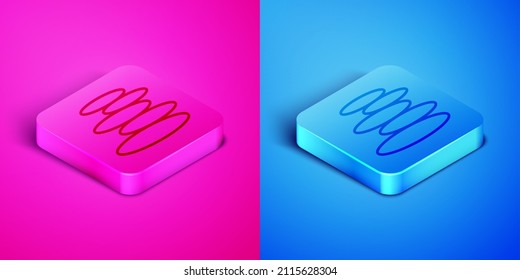 Isometric line Stack hot stones icon isolated on pink and blue background. Spa salon accessory. Square button. Vector