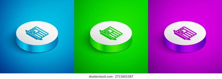 Isometrische Linie Stapel von Pfannkuchen mit Honigsymbol einzeln auf blauem, grünem und violettem Hintergrund. Frühstückskonzept. Weißer Kreis-Button. Vektorgrafik