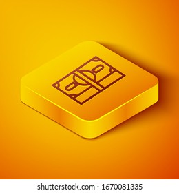 Isometric line Stacks paper money cash icon isolated on orange background. Money banknotes stacks. Bill currency. Yellow square button. Vector Illustration