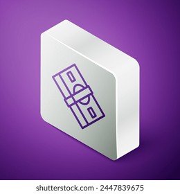 Isometric line Stacks paper money cash icon isolated on purple background. Money banknotes stacks. Bill currency. Silver square button. Vector