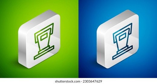 Isometric line Stage stand or debate podium rostrum icon isolated on green and blue background. Conference speech tribune. Silver square button. Vector