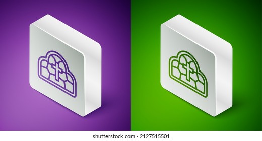 Isometric line Stained glass ancient cathedral, temple, church icon isolated on purple and green background. Silver square button. Vector