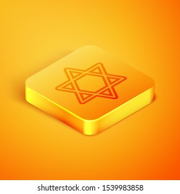Isometric line Star of David icon isolated on orange background. Jewish religion symbol. Symbol of Israel. Orange square button. Vector Illustration