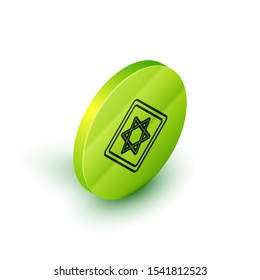 Isometric line Star of David icon isolated on white background. Jewish religion symbol. Symbol of Israel. Green circle button. Vector Illustration
