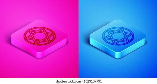 Línea isométrica Icono Estrella de David aislada en fondo rosa y azul. Símbolo de religión judía. Símbolo de Israel. Botón cuadrado. Ilustración vectorial