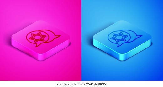 Línea isométrica Icono de estrella de David aislado sobre fondo rosa y azul. Símbolo de la religión judía. Símbolo de Israel. Botón cuadrado. Vector