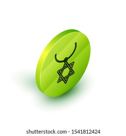 Isometric line Star of David necklace on chain icon isolated on white background. Jewish religion symbol. Symbol of Israel. Jewellery and accessory. Green circle button. Vector Illustration