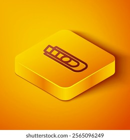 Isometric line Stationery knife icon isolated on orange background. Office paper cutter. Yellow square button. Vector Illustration