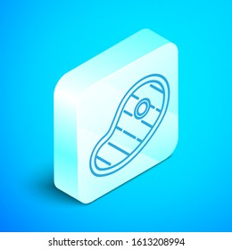 Isometric line Steak meat icon isolated on blue background. Silver square button. Vector Illustration