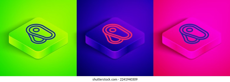 Isometric line Steak meat icon isolated on green, blue and pink background. Square button. Vector