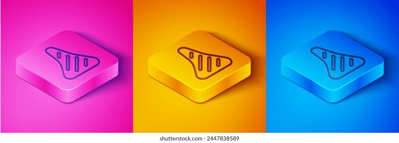 Isometric line Steak meat icon isolated on pink and orange, blue background. Square button. Vector