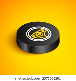 Isometric line Steering wheel icon isolated on yellow background. Car wheel icon. Black circle button. Vector