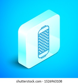 Isometric line Stereo speaker icon isolated on blue background. Sound system speakers. Music icon. Musical column speaker bass equipment. Silver square button. Vector Illustration